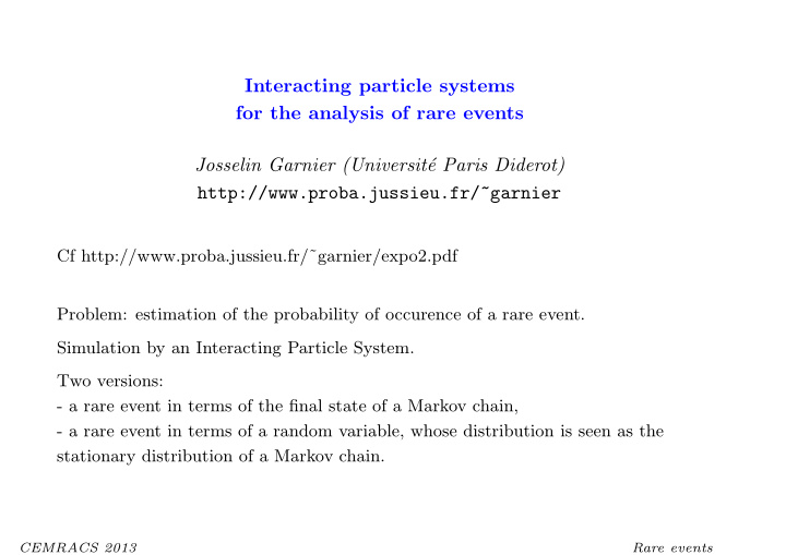 interacting particle systems for the analysis of rare