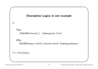 Description Logics in one example  :  TBox  TEACHES . Course    Undergrad  Prof