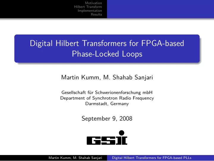 digital hilbert transformers for fpga based phase locked
