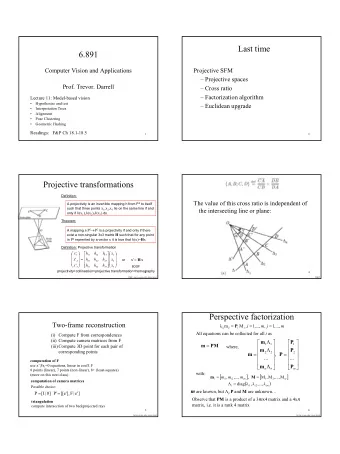 Last time  6.891  Computer Vision and Applications  Projective SFM   Projective spaces  Prof.