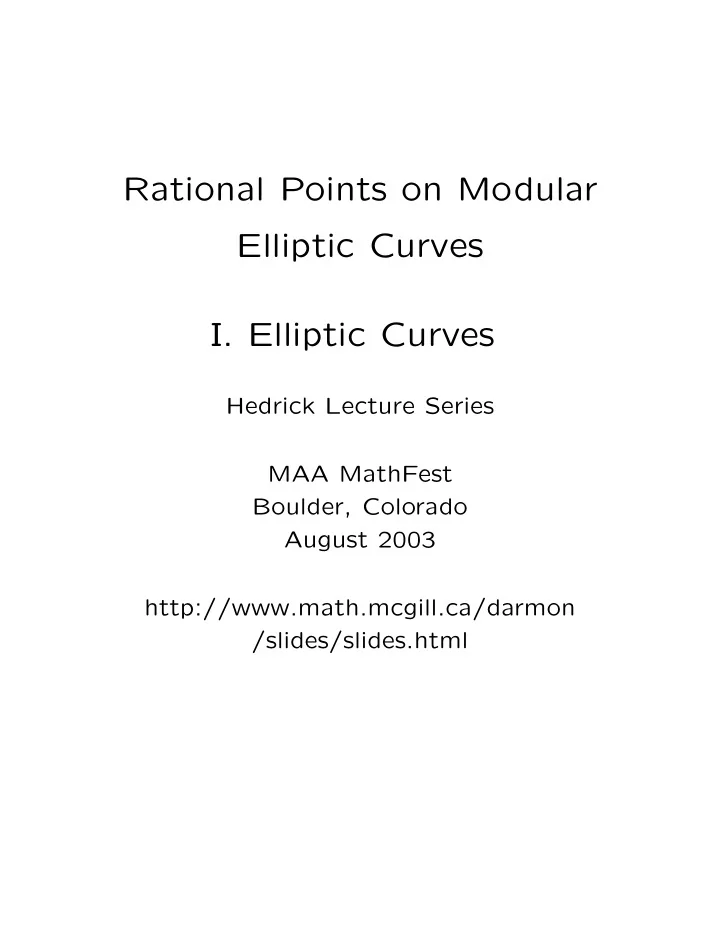 rational points on modular elliptic curves i elliptic
