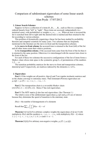 Comparison of subdominant eigenvalues of some linear search  schemes  Alan Pryde 17/07/2012 1 .