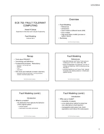 Overview  ECE 753: FAULT-TOLERANT   Fault Modeling  COMPUTING   References   Introduction