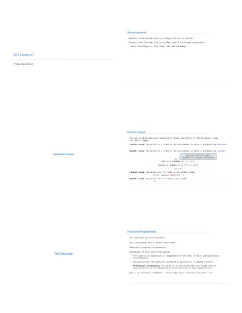 61A Lecture 27  Friday, November 8  2  Dynamic Scope The way in which names are looked up in Scheme