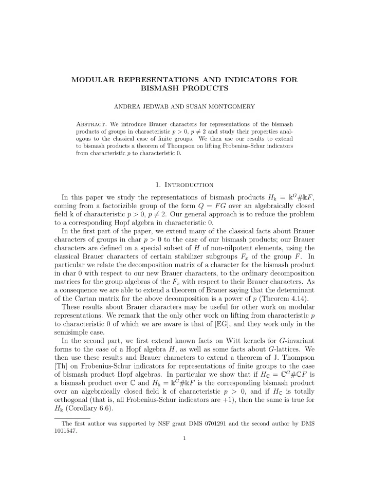 modular representations and indicators for bismash