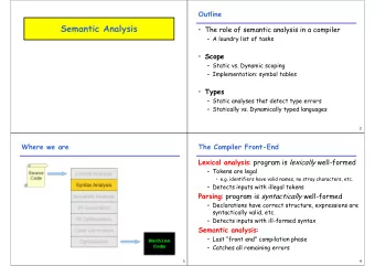 Semantic Analysis    The role of semantic analysis in a compiler    A laundry list of tasks