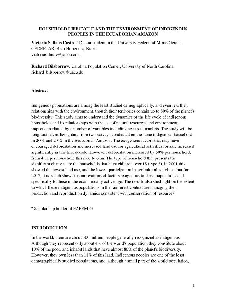 household lifecycle and the environment of indigenous