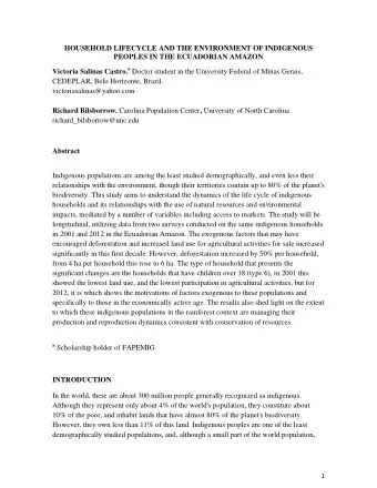 HOUSEHOLD LIFECYCLE AND THE ENVIRONMENT OF INDIGENOUS  PEOPLES IN THE ECUADORIAN AMAZON Victoria