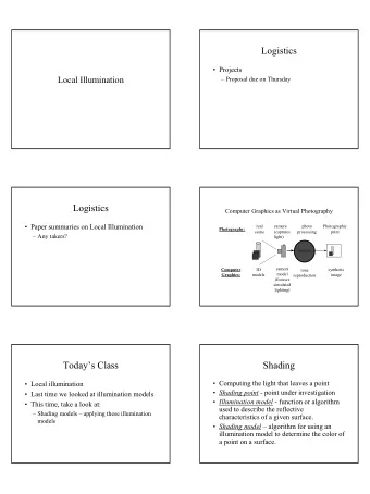 Logistics   Projects  Local Illumination   Proposal due on Thursday  Logistics  Computer