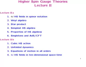 Higher Spin Gauge Theories  Lecture II  Lecture II a 1. 4 d HS fields in spinor notation  2. Weyl