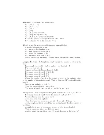 Alphabet An alphabet is a set of letters . e.g., { a, b, c, . . . , z } e.g., { , , . . . ,