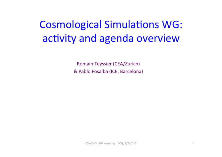 cosmological simula ons wg ac vity and agenda overview