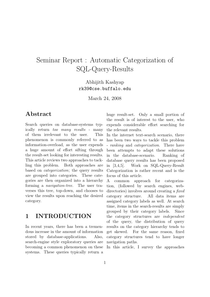 seminar report automatic categorization of sql query