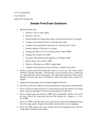 Sample Final Exam Questions 1. Sketch functions that: a. Intersect a 3D ray with a plane b.
