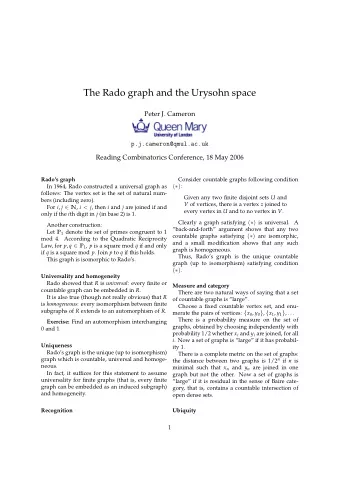 The Rado graph and the Urysohn space  Peter J. Cameron  p.j.cameron@qmul.ac.uk  Reading