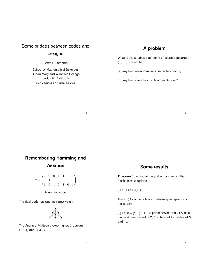 some bridges between codes and a problem designs