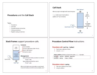 Call Stack  Stack Bottom  Memory region managed with stack discipline Procedures and the Call