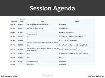 Session Agenda  Duration  Start Time  (mins)  Item  Speaker  1:00 PM  0:04:00  Opening