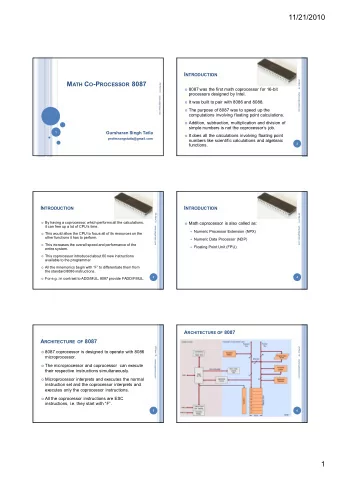 11/21/2010 I NTRODUCTION  20-Nov-10 M ATH C O -P ROCESSOR 8087  20-Nov-10  8087 was the first