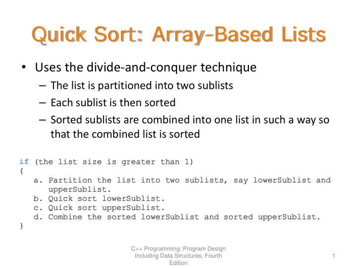 quick sort array based lists