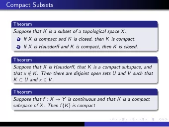 Compact Subsets  Theorem  Suppose that K is a subset of a topological space X. 1 If X is compact