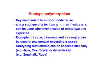 Subtype polymorphism   Key mechanism to support code reuse  A is a subtype of B (written A