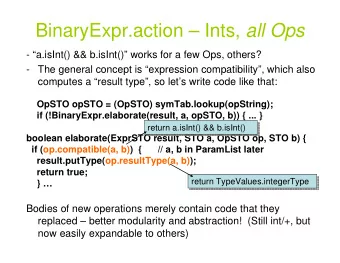 BinaryExpr.action  Ints, all Ops  - a.isInt() &amp;&amp; b.isInt() works for a few Ops,