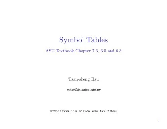 Symbol Tables  ASU Textbook Chapter 7.6, 6.5 and 6.3  Tsan-sheng Hsu  tshsu@iis.sinica.edu.tw