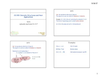 9/18/17  sets  Set: An unordered collection of objects  CS 220: Discrete Structures and their  The