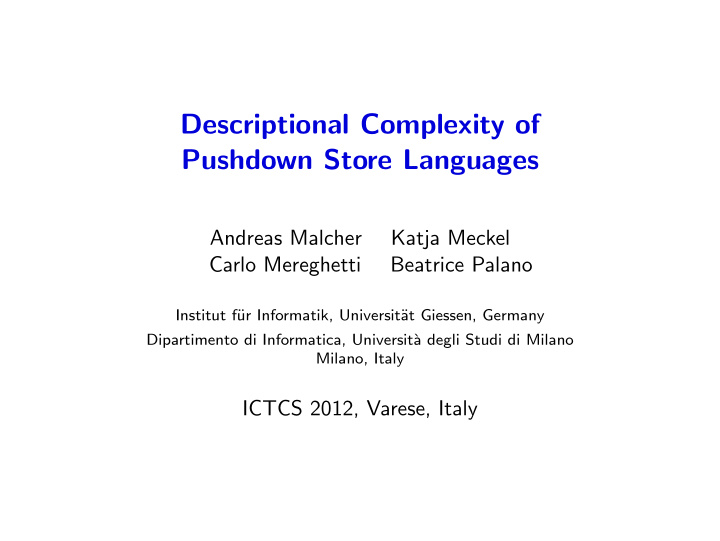 descriptional complexity of pushdown store languages
