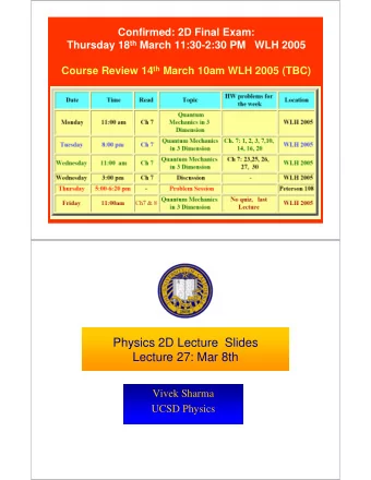 Physics 2D Lecture  Slides  Lecture 27: Mar 8th  Vivek Sharma  UCSD Physics  Quiz 8  16  14  12