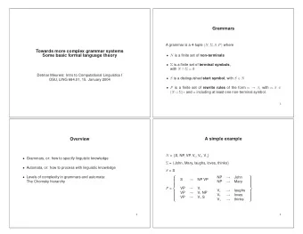 Grammars A grammar is a 4-tuple ( N,  , S, P ) where  Towards more complex grammar systems  Some