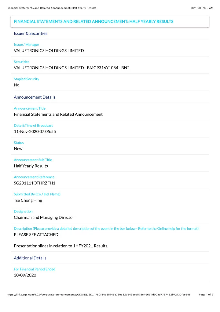 financial statements and related announcement half yearly