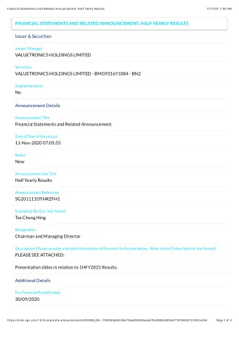 FINANCIAL STATEMENTS AND RELATED ANNOUNCEMENT::HALF YEARLY RESULTS  Issuer &amp; Securities