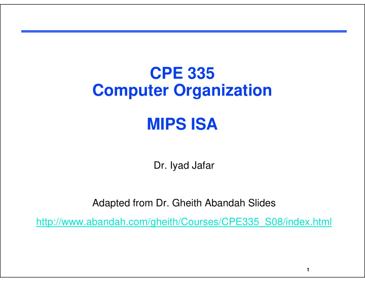 cpe 335 cpe 335 computer organization mips isa