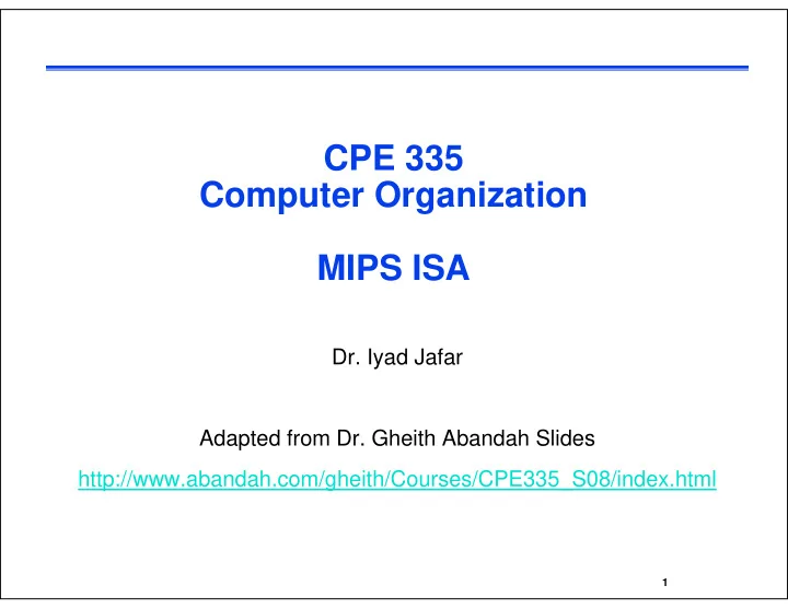 cpe 335 cpe 335 computer organization mips isa