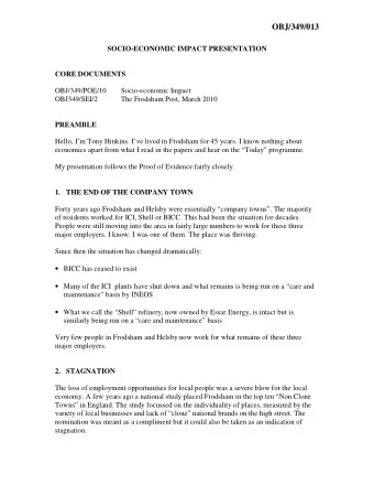 OBJ/349/013  SOCIO-ECONOMIC IMPACT PRESENTATION  CORE DOCUMENTS  OBJ/349/POE/10  Socio-economic