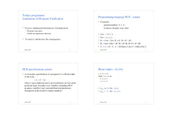 Todays programme:  Programming language PLN - syntax  Limitations of Program Verification
