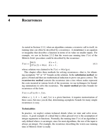 4  Recurrences  As noted in Section 2.3.2, when an algorithm contains a recursive call to itself,