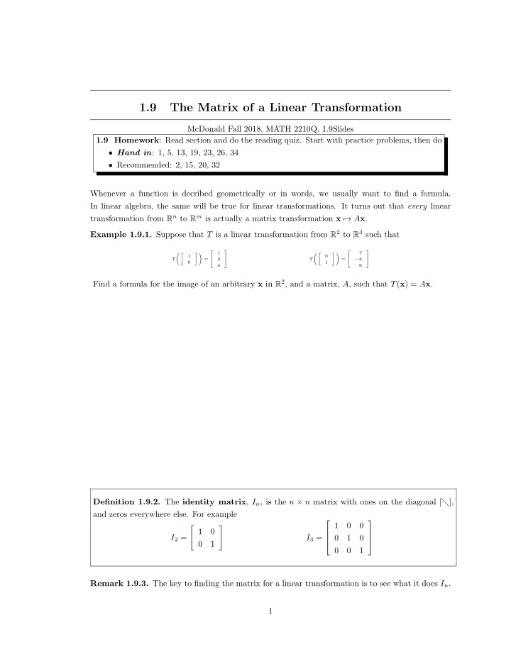 1 9 the matrix of a linear transformation