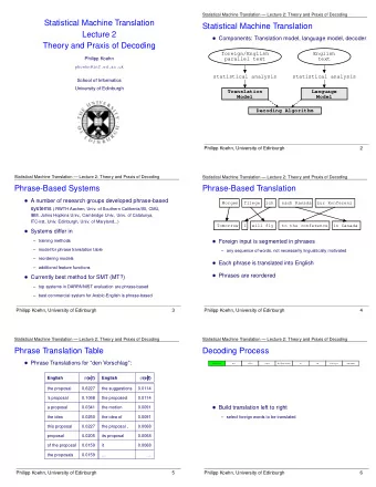 Statistical Machine Translation  Statistical Machine Translation p  Lecture 2  Theory and Praxis of