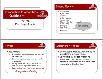 Quicksort  Quicksort  In-place  Merge Sort  g  T(n) =  (n lg(n))  Not in-place  CSE