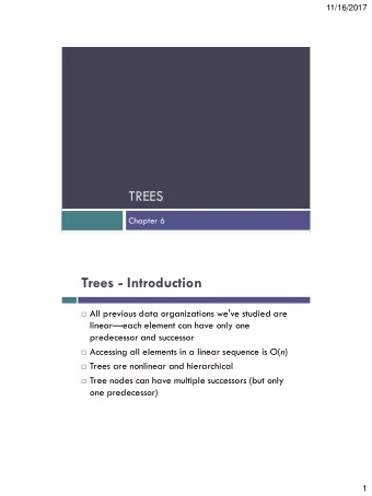 TREES  Chapter 6  Trees - Introduction  All previous data organizations we've studied are linear