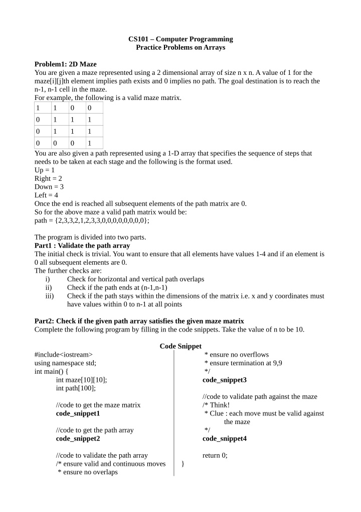 cs101 computer programming practice problems on arrays