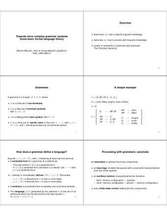 Overview  Grammars, or: how to specify linguistic knowledge  Towards more complex grammar
