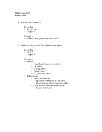 IT420 Spring 2007  Review Sheet 1. Introduction to databases  Covered in:  -  Lecture set 1  -