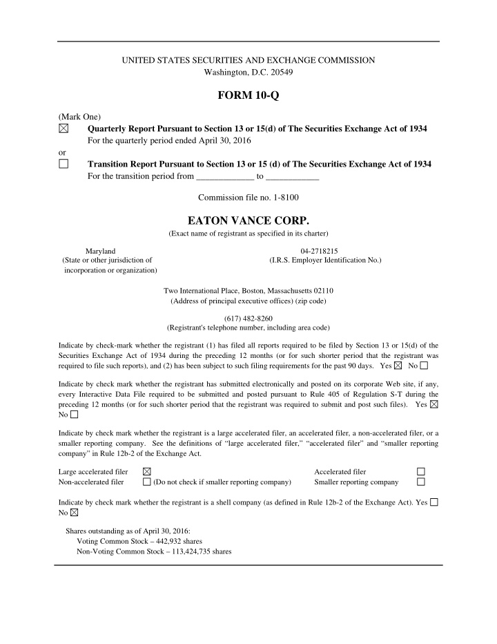 eaton vance corp form 10 q as of april 30 2016 and for