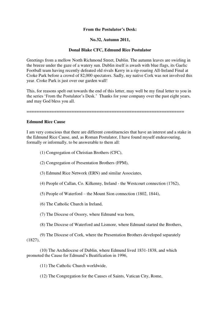 from the postulator s desk no 32 autumn 2011 donal blake