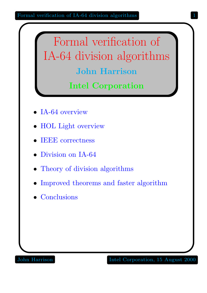 formal verification of ia 64 division algorithms
