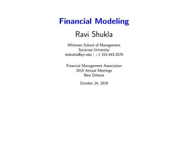 financial modeling ravi shukla